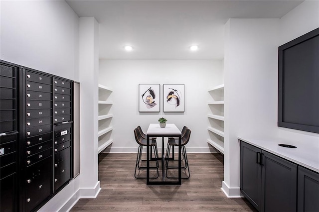 interior space with dark hardwood / wood-style floors and mail boxes