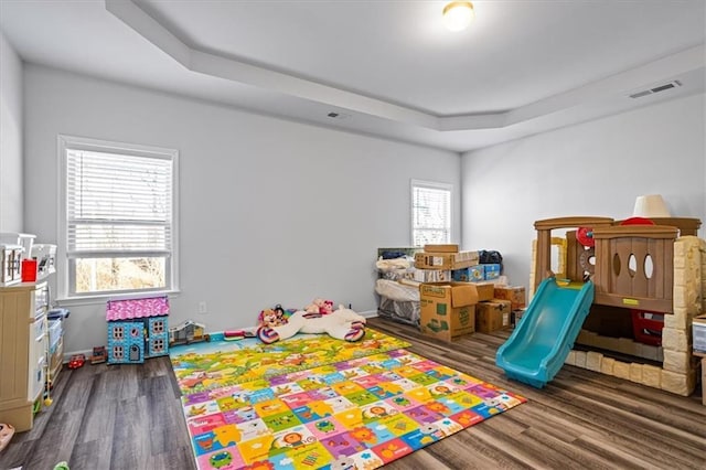 game room featuring a raised ceiling and dark wood-type flooring