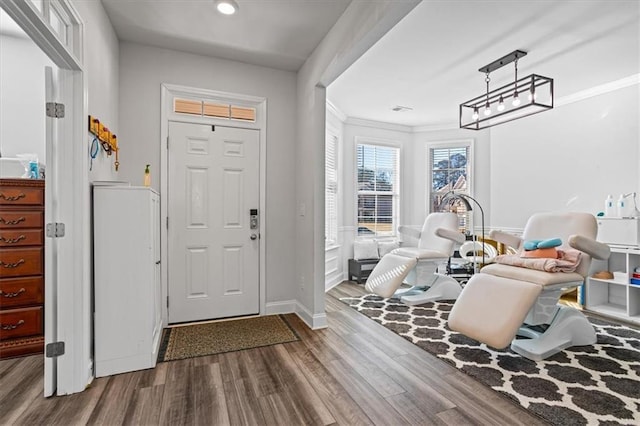 foyer entrance with hardwood / wood-style floors and ornamental molding