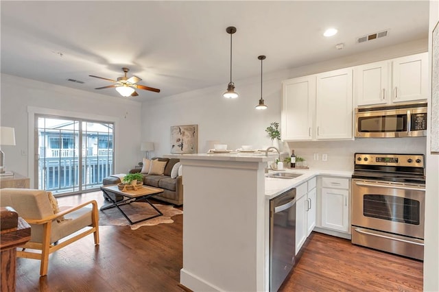 kitchen featuring sink, kitchen peninsula, dark hardwood / wood-style flooring, white cabinetry, and stainless steel appliances