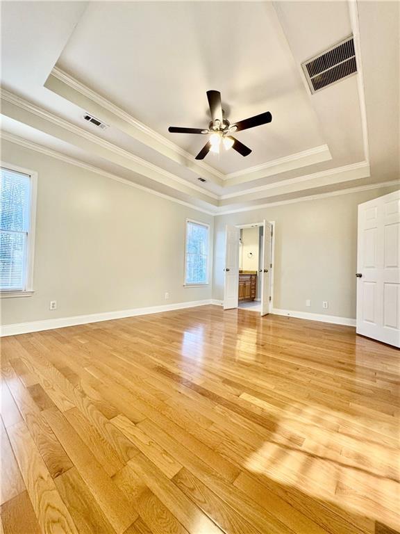 empty room featuring light wood-type flooring, a tray ceiling, and plenty of natural light