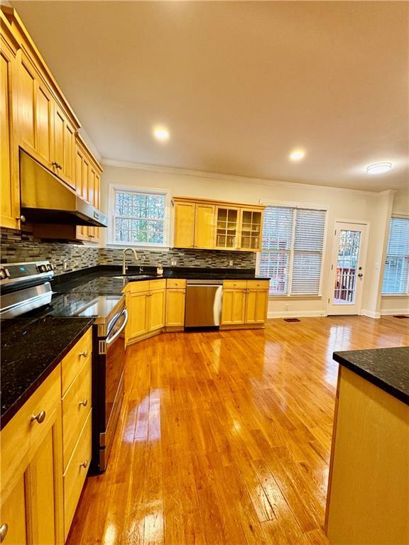 kitchen featuring backsplash, dark stone counters, stainless steel appliances, sink, and light hardwood / wood-style floors