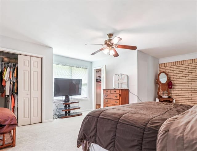 904 Corinth Five Points Rd, Buchanan, GA 30113 - bedroom with carpet flooring, a closet, brick wall, and a ceiling fan