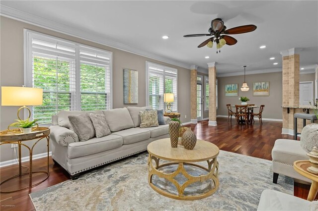 2990 Hearthstone Dr, Cumming, GA 30041 - living area featuring ornamental molding, baseboards, wood finished floors, a ceiling fan, and recessed lighting