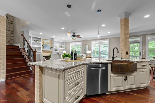 2990 Hearthstone Dr, Cumming, GA 30041 - kitchen featuring crown molding, open floor plan, dishwasher, a sink, and ceiling fan