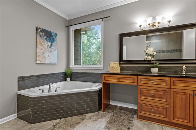 2990 Hearthstone Dr, Cumming, GA 30041 - bathroom featuring a garden tub, vanity, and crown molding