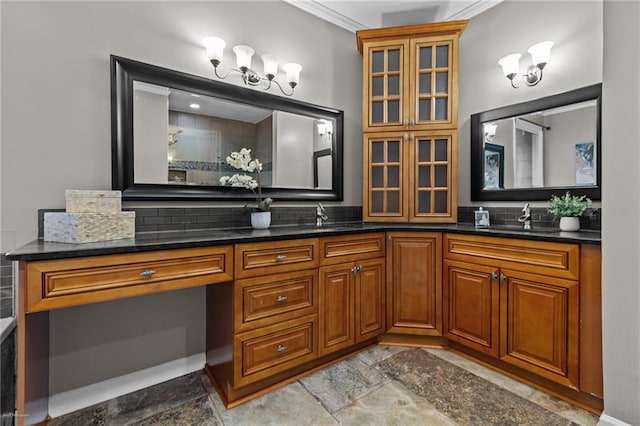 2990 Hearthstone Dr, Cumming, GA 30041 - full bath featuring double vanity, decorative backsplash, and stone finish floors