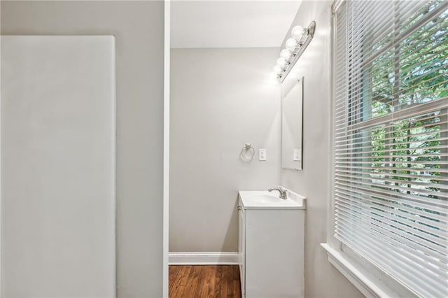 bathroom featuring vanity and hardwood / wood-style flooring