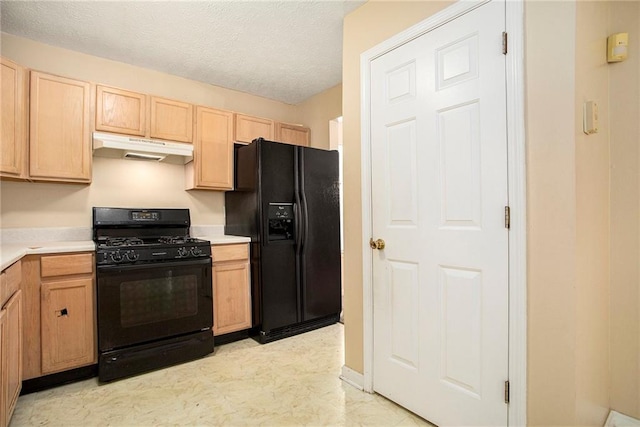 4103 Kingship Dr, Ellenwood, GA 30294 - kitchen featuring black appliances, under cabinet range hood, light brown cabinetry, light countertops, and a textured ceiling