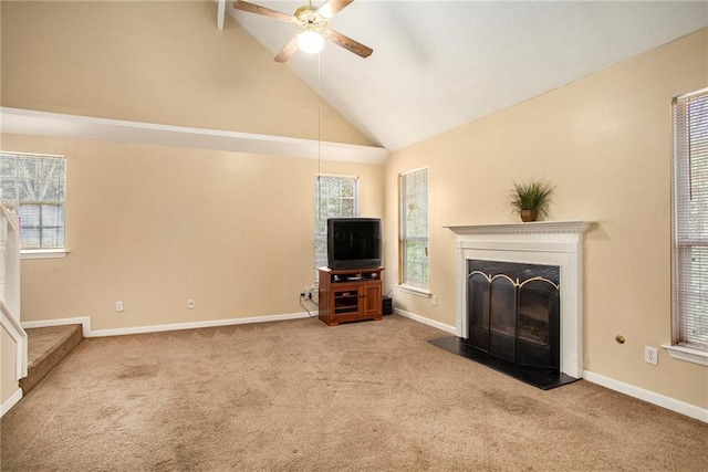 4103 Kingship Dr, Ellenwood, GA 30294 - unfurnished living room featuring a ceiling fan, carpet floors, high vaulted ceiling, baseboards, and beam ceiling