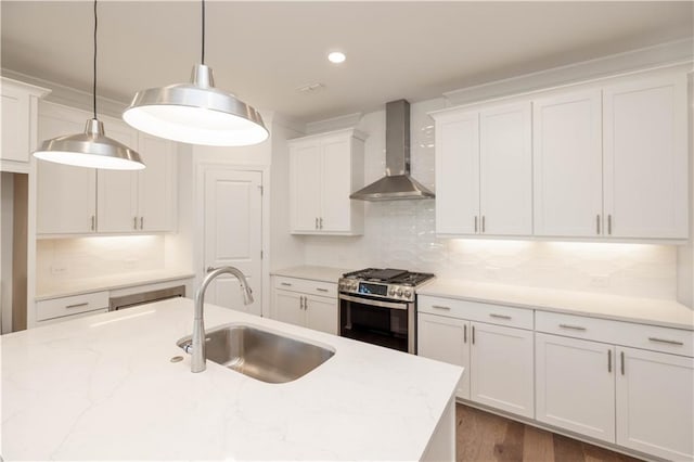 350 Olmstead Way Unit 29, Alpharetta, GA 30022 - kitchen with wall chimney range hood, stainless steel gas range, a sink, white cabinets, and backsplash