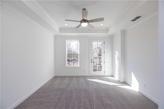 350 Olmstead Way Unit 29, Alpharetta, GA 30022 - unfurnished room featuring a raised ceiling, ceiling fan, carpet flooring, ornamental molding, and baseboards