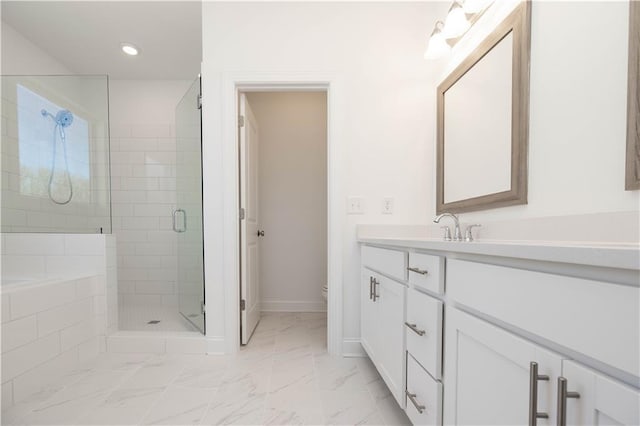 350 Olmstead Way Unit 29, Alpharetta, GA 30022 - bathroom with a shower stall, marble look tiles, vanity, recessed lighting, and toilet