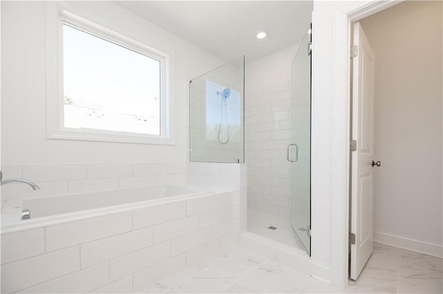 350 Olmstead Way Unit 29, Alpharetta, GA 30022 - bathroom with a garden tub, a shower stall, marble finish floors, and baseboards