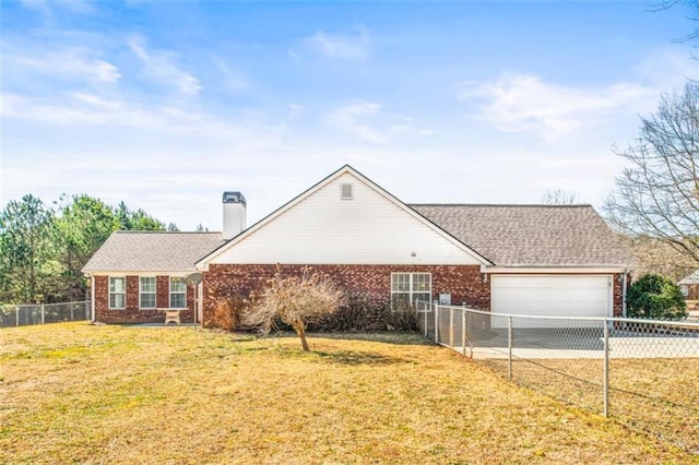 ranch-style house with brick siding, concrete driveway, an attached garage, fence, and a front lawn