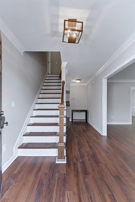 stairway with hardwood / wood-style floors and ornamental molding