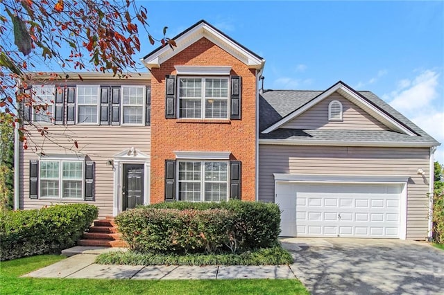 view of front of home with aphalt driveway, an attached garage, brick siding, and a shingled roof