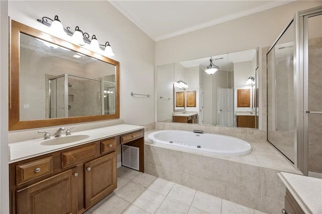 4742 Legacy Cove Ln, Smyrna, GA 30126 - bathroom featuring vanity, a garden tub, a shower stall, tile patterned flooring, and crown molding