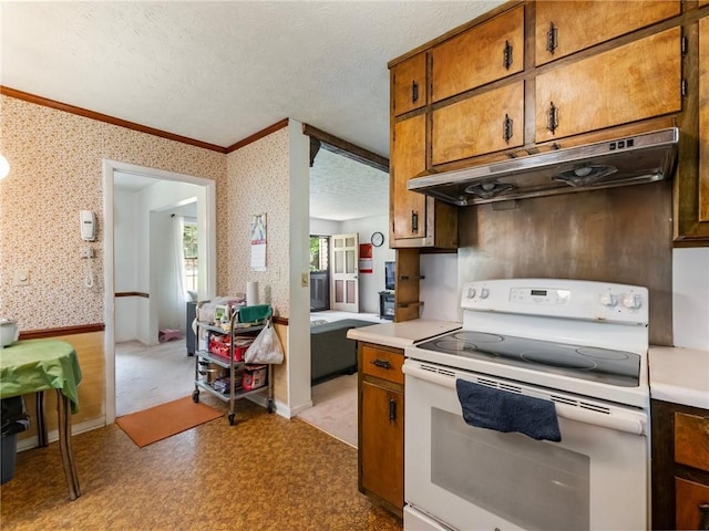 784 San Miguel Dr, Stone Mountain, GA 30083 - kitchen with electric stove, under cabinet range hood, crown molding, light countertops, and brown cabinetry