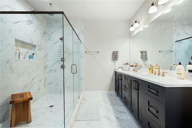 920 Wemberley Ln, Marietta, GA 30064 - bathroom featuring marble finish floors, double vanity, a marble finish shower, and baseboards