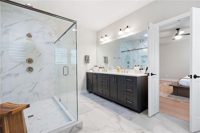 920 Wemberley Ln, Marietta, GA 30064 - ensuite bathroom featuring a marble finish shower, double vanity, marble look tiles, and a ceiling fan