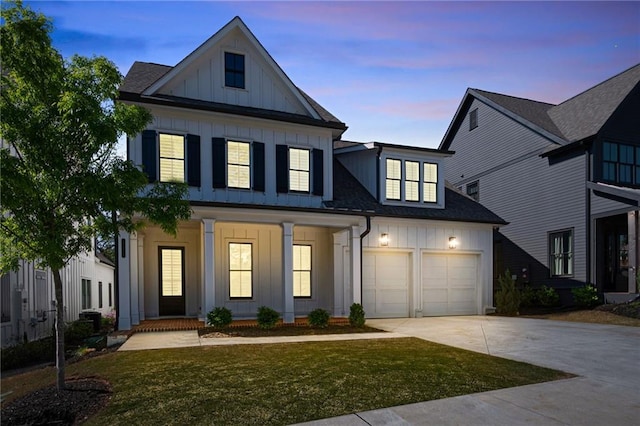 920 Wemberley Ln, Marietta, GA 30064 - modern inspired farmhouse with board and batten siding, driveway, covered porch, a front yard, and roof with shingles