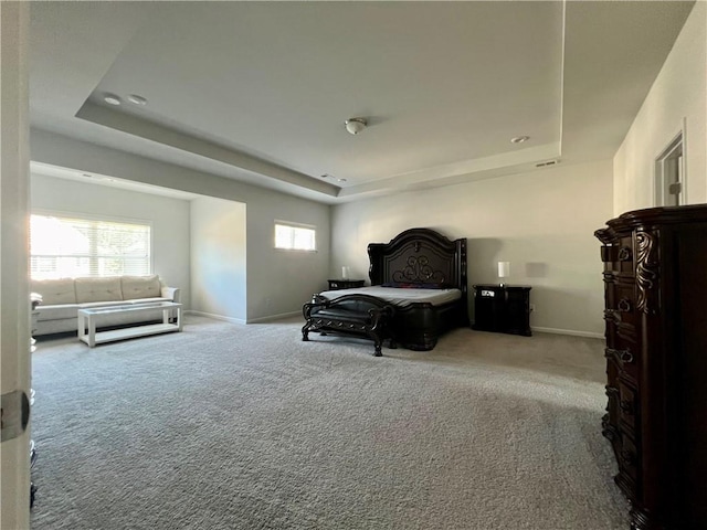 carpeted bedroom featuring a tray ceiling