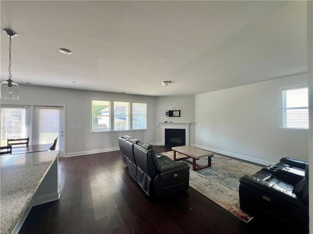 living room with plenty of natural light and dark hardwood / wood-style flooring