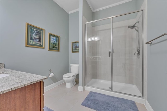 bathroom with tile patterned floors, walk in shower, vanity, crown molding, and toilet