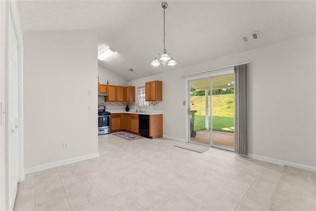 2428 Buena Vista Cir, Gainesville, GA 30504 - kitchen featuring stainless steel range oven, black dishwasher, light countertops, vaulted ceiling, and a chandelier
