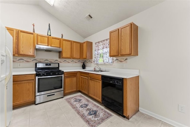 2428 Buena Vista Cir, Gainesville, GA 30504 - kitchen featuring stainless steel range with gas stovetop, black dishwasher, under cabinet range hood, a sink, and vaulted ceiling