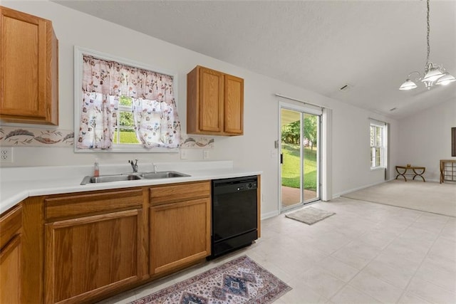 2428 Buena Vista Cir, Gainesville, GA 30504 - kitchen with black dishwasher, a sink, vaulted ceiling, a chandelier, and light countertops