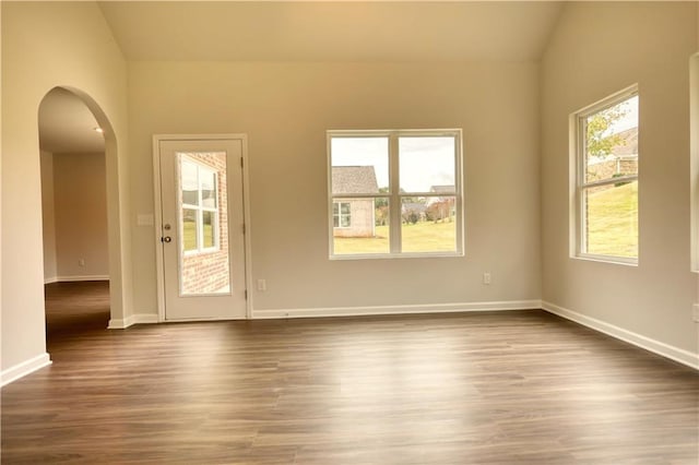 unfurnished room featuring lofted ceiling and dark wood-type flooring