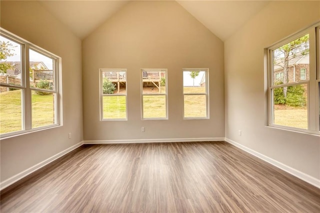 unfurnished room featuring lofted ceiling