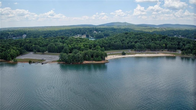 drone / aerial view with a water and mountain view and a view of trees
