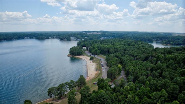 birds eye view of property featuring a water view and a forest view