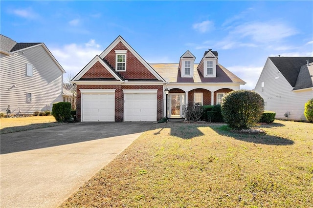 view of front of home with a front lawn, a garage, and a porch