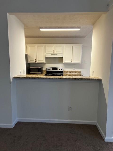 kitchen featuring dark carpet, white cabinetry, appliances with stainless steel finishes, and dark stone counters