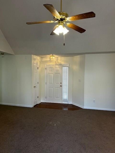 foyer with ceiling fan and lofted ceiling