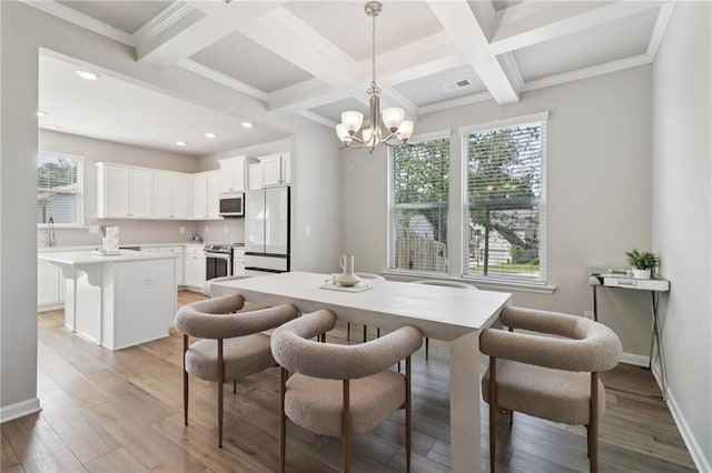 4172 Cedar Commons Way, Conley, GA 30288 - dining space with coffered ceiling, beamed ceiling, light wood-style flooring, a chandelier, and recessed lighting