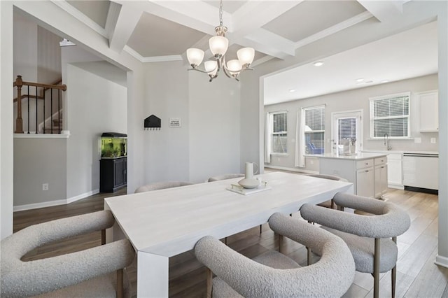 4172 Cedar Commons Way, Conley, GA 30288 - dining space with coffered ceiling, recessed lighting, beamed ceiling, a chandelier, and light wood-type flooring