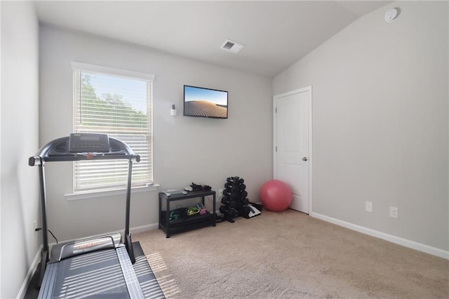 4172 Cedar Commons Way, Conley, GA 30288 - exercise area with carpet flooring, baseboards, and vaulted ceiling