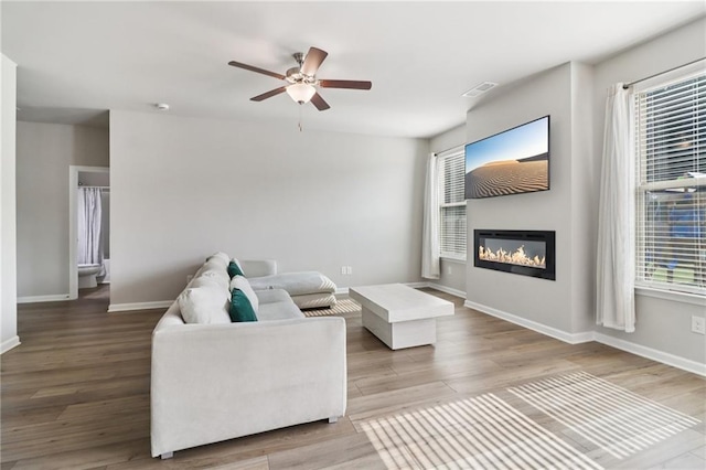 4172 Cedar Commons Way, Conley, GA 30288 - living room with ceiling fan, a glass covered fireplace, plenty of natural light, and wood finished floors