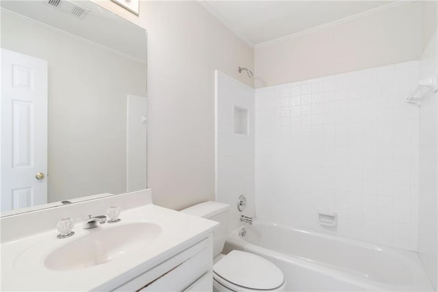 full bathroom with vanity, toilet, ornamental molding, and shower / washtub combination