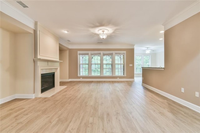 6714 Amherst Dr, Hoschton, GA 30548 - unfurnished living room with ornamental molding, a fireplace, baseboards, light wood-style flooring, and a ceiling fan