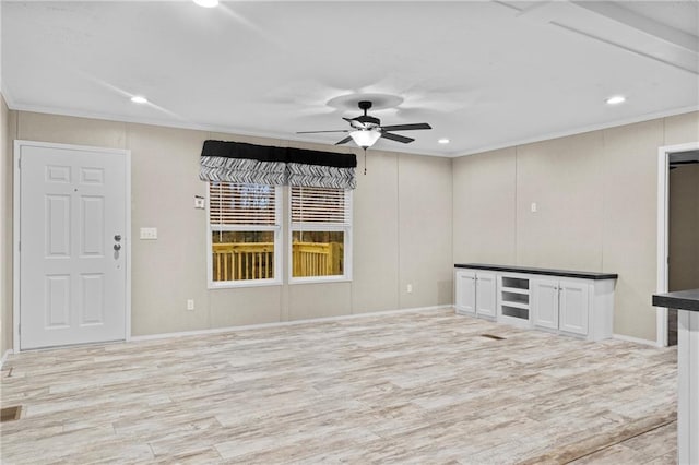 150 Saphire Hill Ct, Clarkesville, GA 30523 - unfurnished living room with ceiling fan, wood finished floors, crown molding, recessed lighting, and baseboards