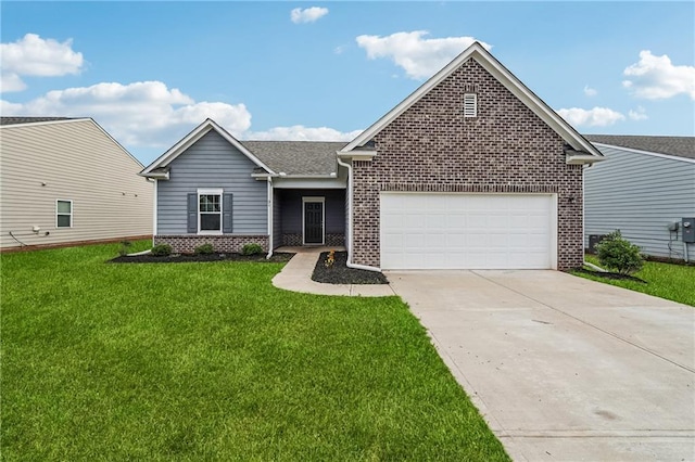 31 Mccall Way, Monroe, GA 30655 - view of front of home with brick siding, a garage, driveway, a front yard, and a shingled roof