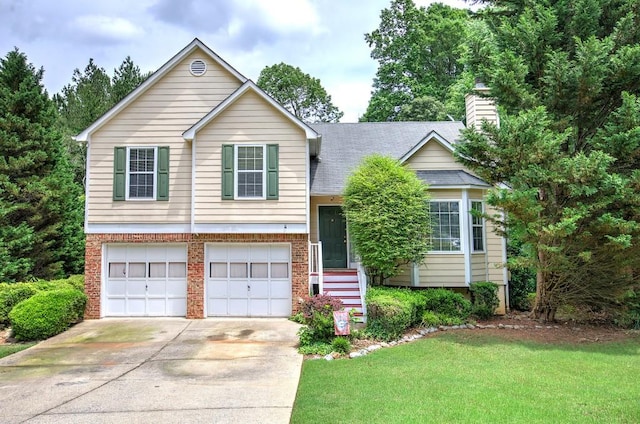 1047 Taso Trl, Acworth, GA 30101 - split level home featuring an attached garage, driveway, a front lawn, brick siding, and a chimney
