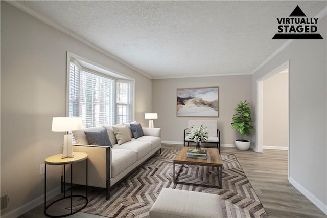 living room featuring crown molding, wood-type flooring, and a textured ceiling