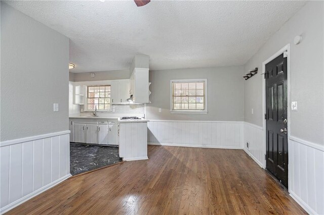 1753 Dodson Dr SW, Atlanta, GA 30311 - kitchen with dark wood finished floors, light countertops, open shelves, and a wainscoted wall